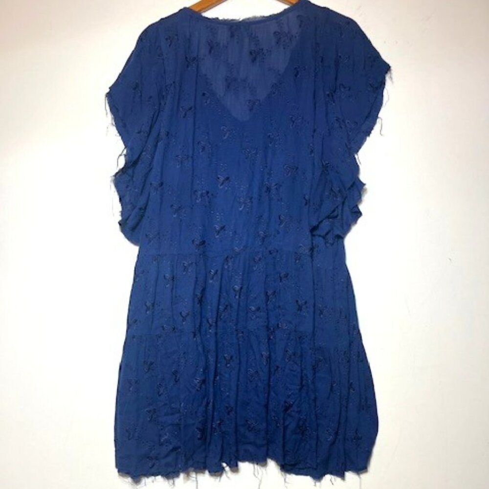Free People Navy Blue Tiered Button Eyelet Boho Raw Hem Mini Dress Sz S - Picture 2 of 5
